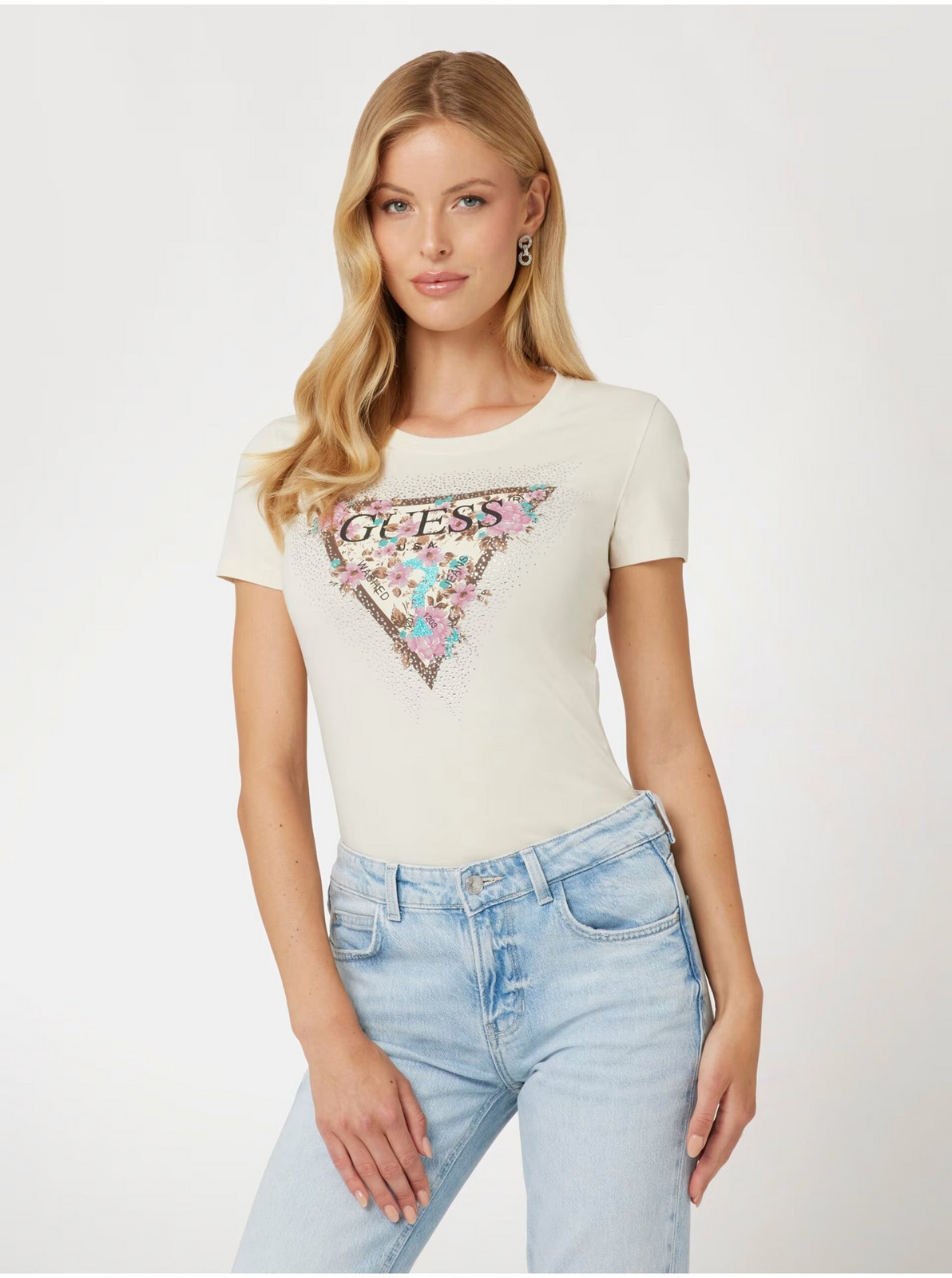 Krémové dámské tričko s logem Guess - Dámské