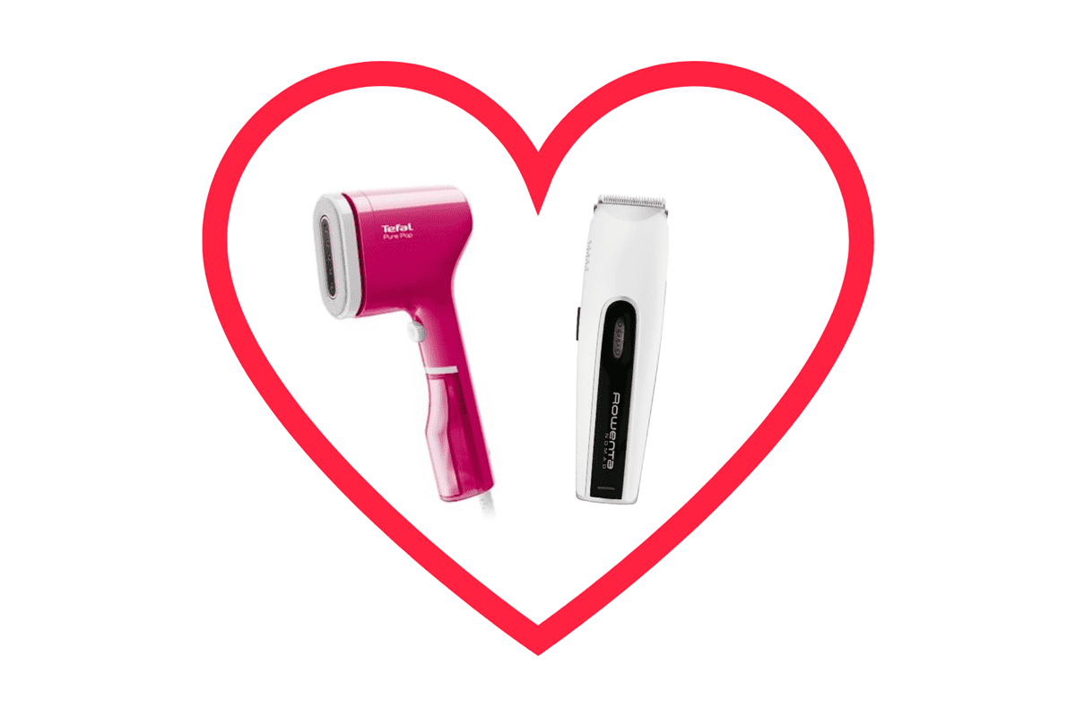 Akční set pro pár růžový napařovač oděvů Tefal Pure POP DT2023F0 a zastřihovač Rowenta Nomad Easy 2