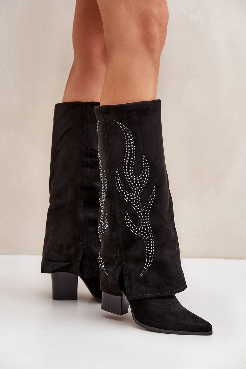 FS1 Zdobené kozačky s ohrnutým svrškem na podpatku černé Ivilta