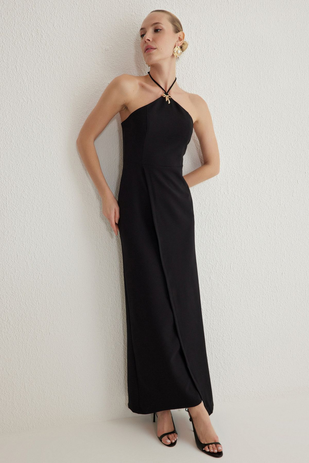 Trendyol Black Plain Straight Cut Bowknot Woven Finike Maxi Evening Dress & Graduation Dress