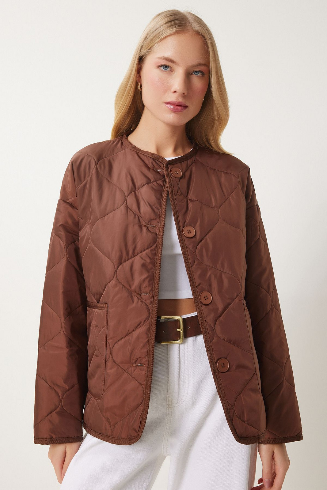 Happiness İstanbul Women's Brown Large Pocket Quilted Jacket