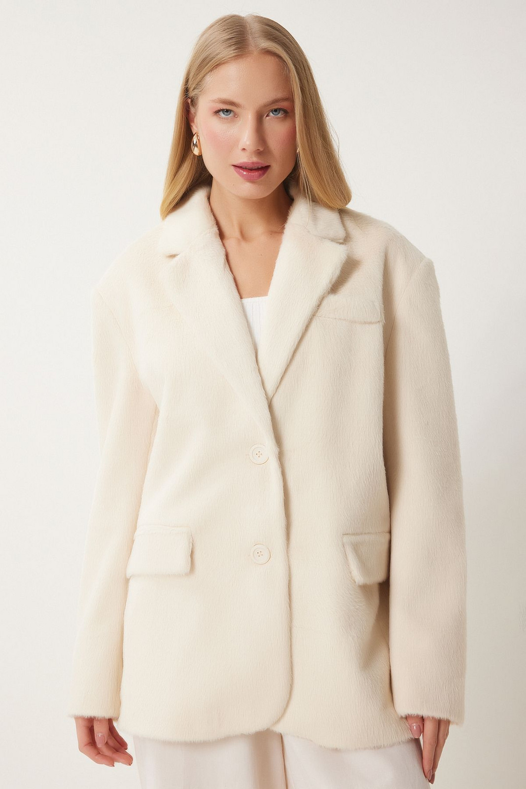 Happiness İstanbul Women's Ecru Double Breasted Faux Fur Jacket