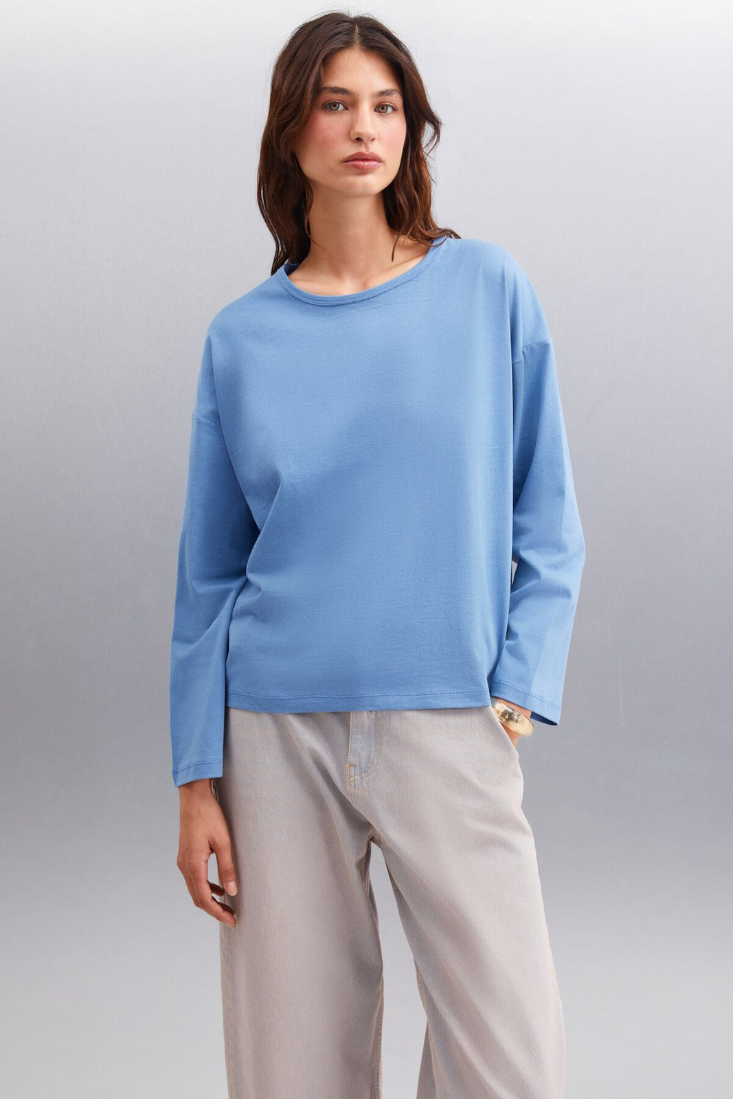 GRIMELANGE Printed Women's Back Print Detail Oversize 100% Organic Cotton Knitted Long Sleeve Indigo T-shirt