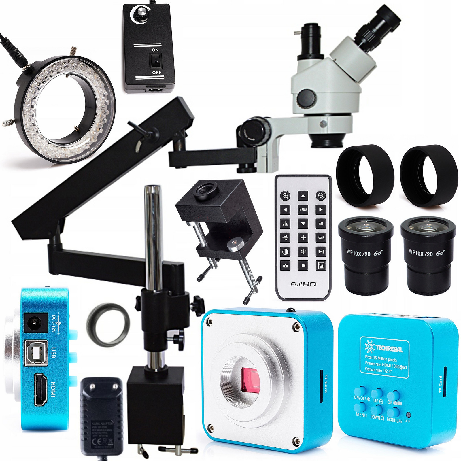 Mikroskop 22H Nastavitelné Rameno 7-45X Osvětlení 56X 16MP 4K Kamera