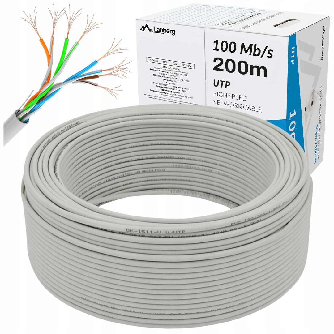 Kabel Síťový Lan Šroubovák RJ45 Utp 100Mb/s 200M Cca Šedý Lanberg