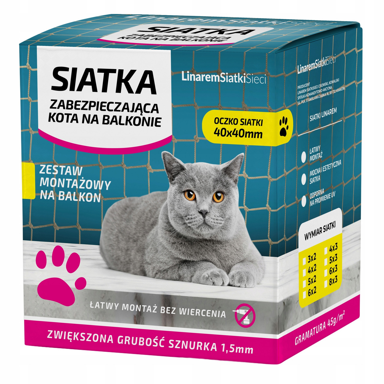 Set 8x2 Silná Síť Pro Kočky 1,5mm Na Balkon Oko 40mm Bez Vrtání