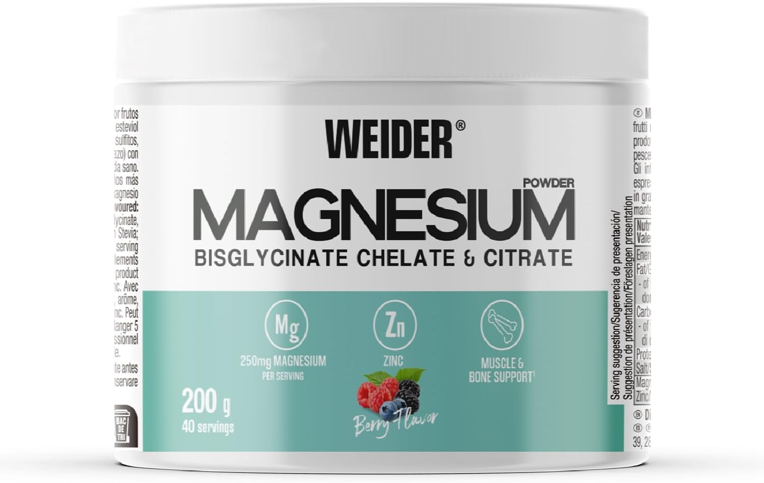 Weider Magnesium Powder Bisglycinate & Citrate, sypká forma hořčíku v chelátové vazbě, Berry