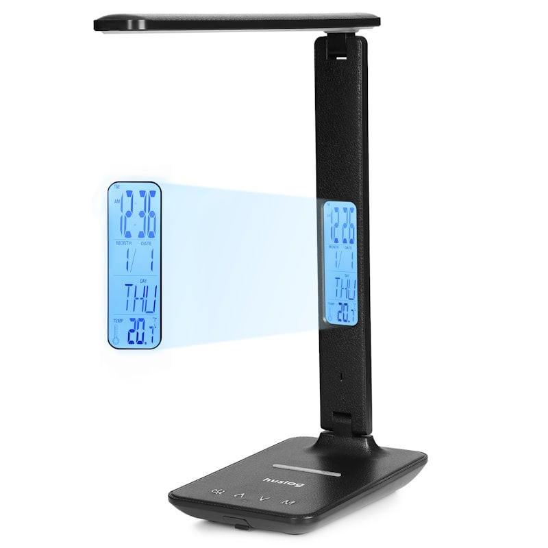 Huslog stolní LED lampička s displejem a bezdrátovou nabíječkou a displejem, černá