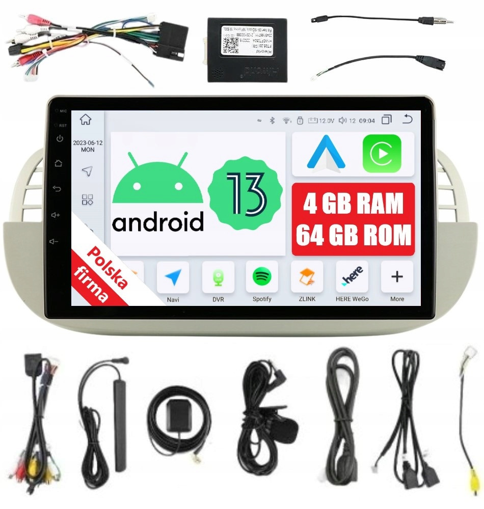 Rádio 2DIN Navigace Android Fiat 500 4/64 Gb Dsp Carplay Lte Qled