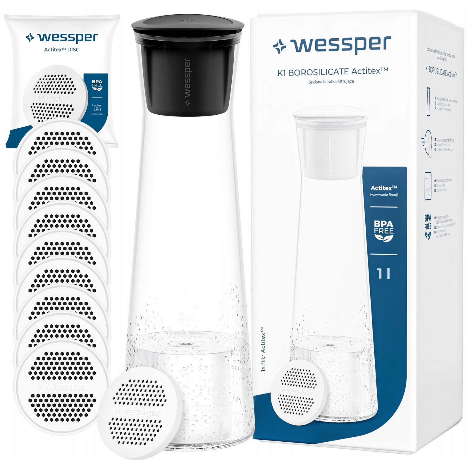 Skleněná láhev Filtrační karafa Wessper K1 Borosilicate 1l 10x Filtr