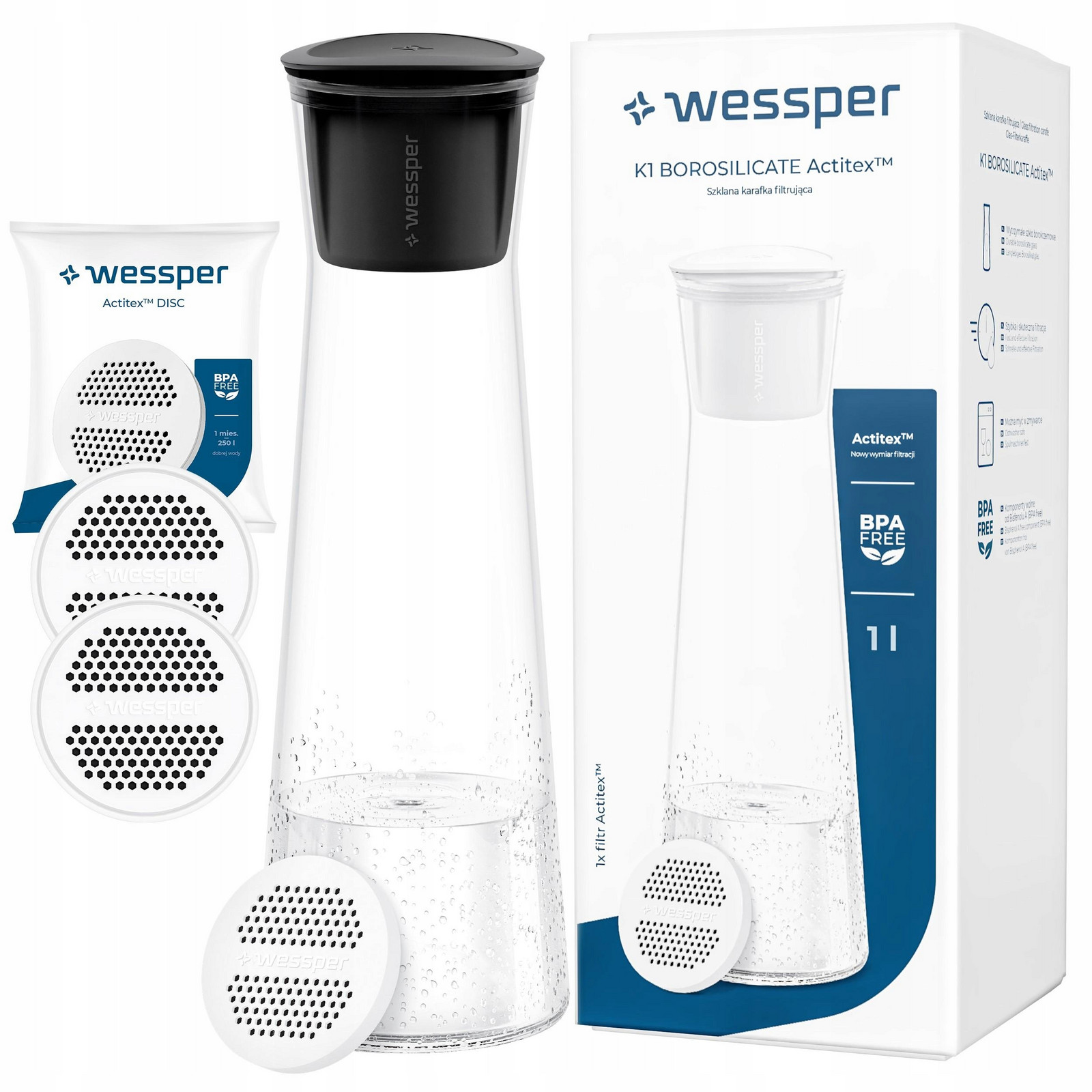 Skleněná láhev Filtrační karafa Wessper K1 Borosilicate 1l 3x Filtr