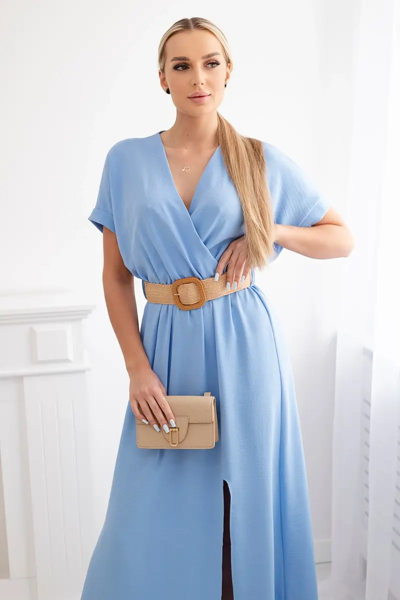 Kesi Włoski Dlouhé šaty s ozdobným páskem modré