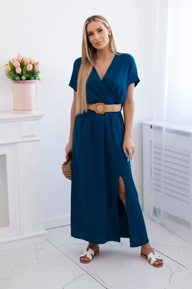 Kesi Włoski Dlouhé šaty s ozdobným páskem námořní