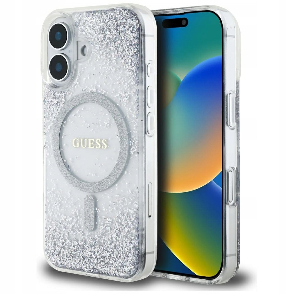 Pouzdro Guess Hc Resin Bottom Glitter pro iPhone 16 MagSafe stříbrný