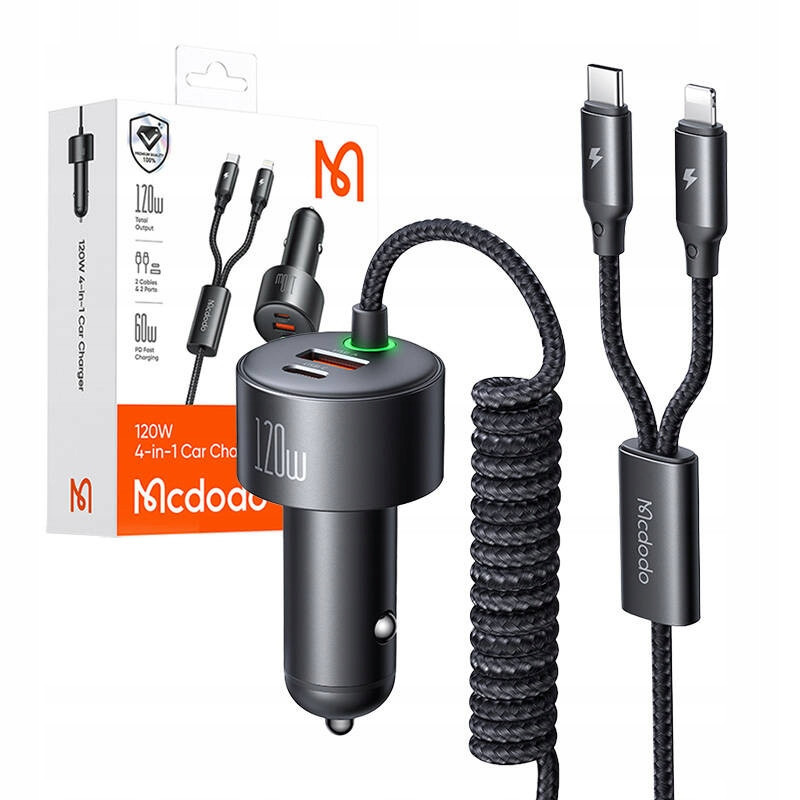 Mcdodo Nabíječka do Automobilová Usbc Usb-A 120W+ Kabel 2V1 Usb-C Lightning