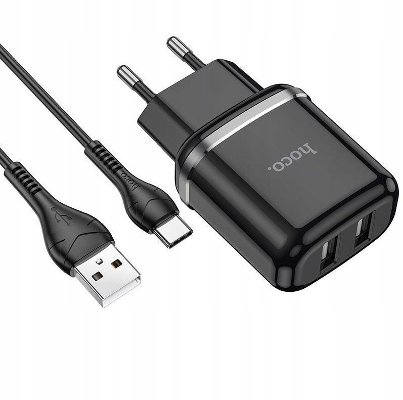 Rychlonabíječka Do Sítě Pro Telefon Na 2 Usb Hoco 12W Černý Kabel Typ C