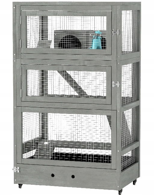 PawHut čtyřúrovňová dřevěná klec pro hlodavce domečky houpají misky atd