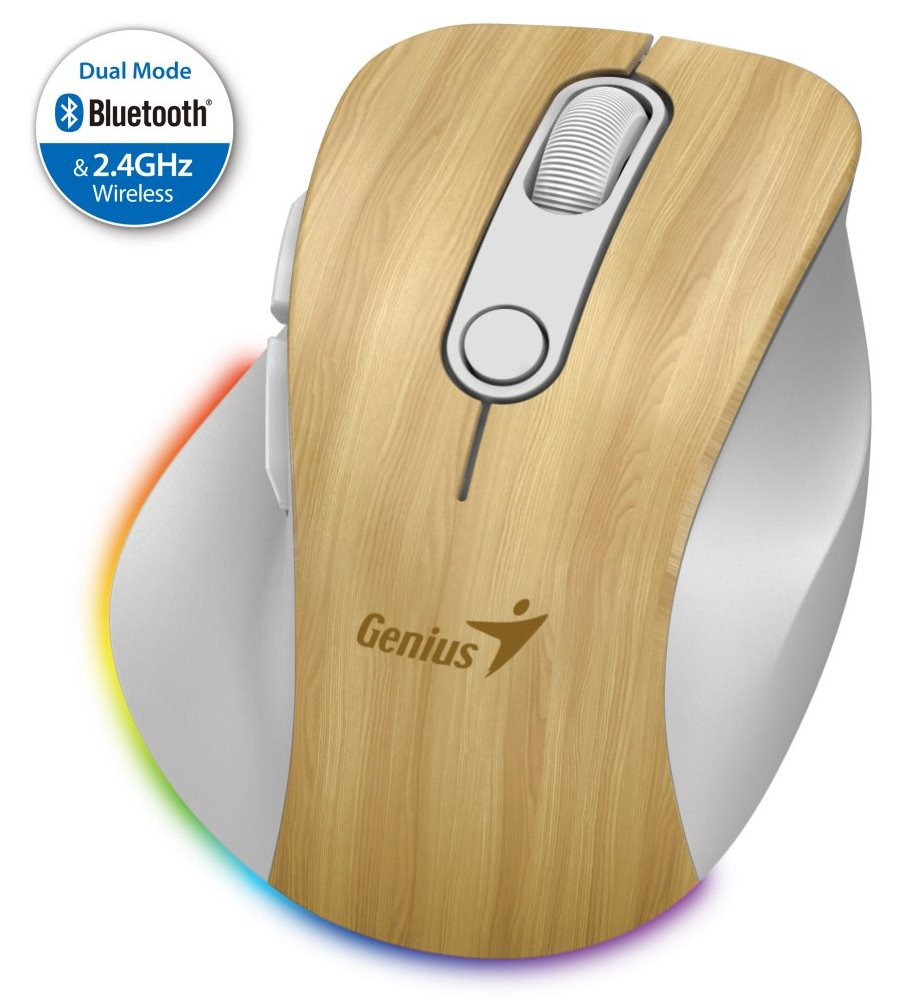 GENIUS Ergo 9000S Pine Wood/ duální Bluetooth + 2,4GHz/ 2400 dpi/ bezdrátová/ 6tlačítková/ dobíjecí/ RGB/ barva borovice, 31030039407