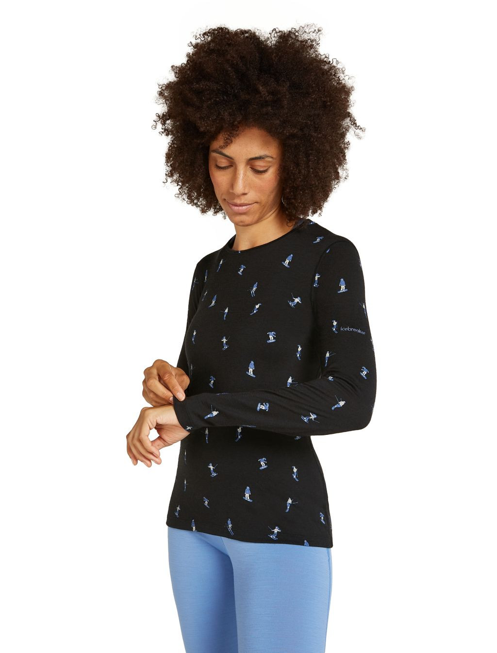 Dámské merino tričko s dlouhým rukávem ICEBREAKER Wmns 200 Oasis LS Crewe Ski Day, Black/Aop velikost: M