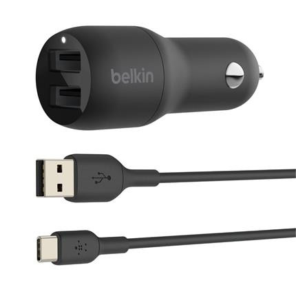 Belkin BOOST CHARGE duální USB-A nabíječka do auta + 1m USB-C kabel, černá