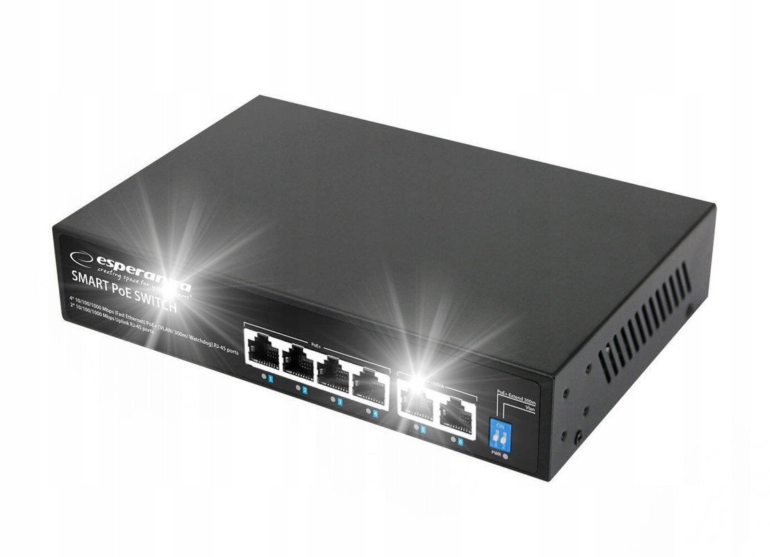 Switch PoE 4xPOE 2xUplink RJ45 10/100/1000Mbps 65W Extend 300M Pro Kamery