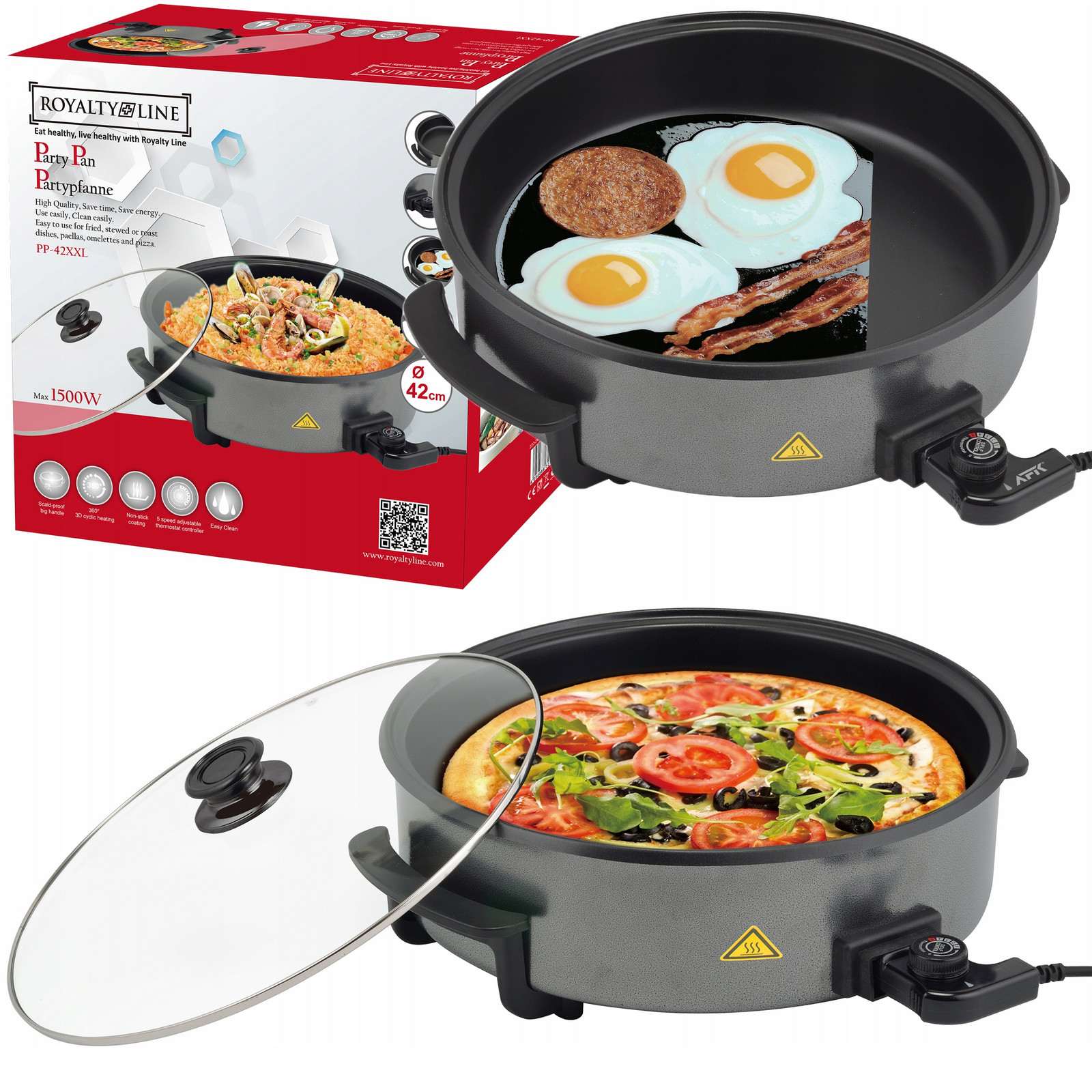 Elektrická Pánev Velká XXL Nepřilnavá Multipánev 42cm Výkon 1500W