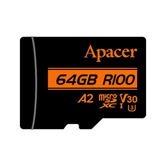 Apacer paměťová karta V30 A2, 64GB, micro SDXC, AP64GMCSX10U8-R, UHS-I U3 (Class 10), s adaptérem