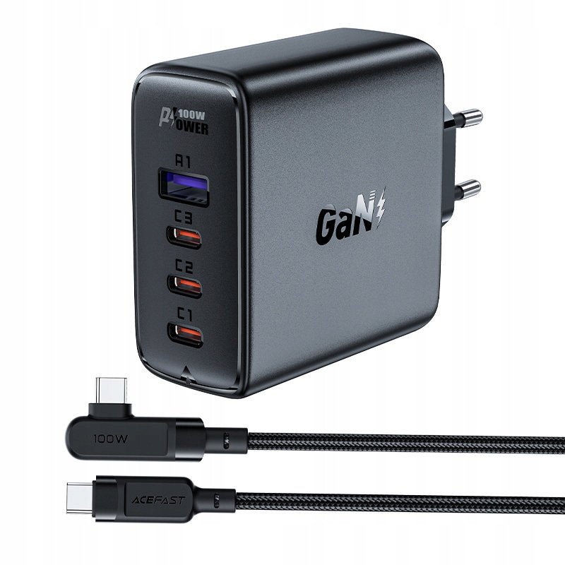 Rychlonabíječka do sítě GaN 3x Usb-c 1x Usb-a úhlový kabel Usb-c 100W 2