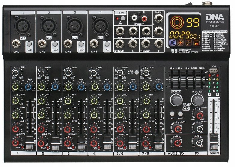Dna QFX8 Analogový Mixážní Pult 8 Kanálů Bluetooth Usb MP3 Dsp
