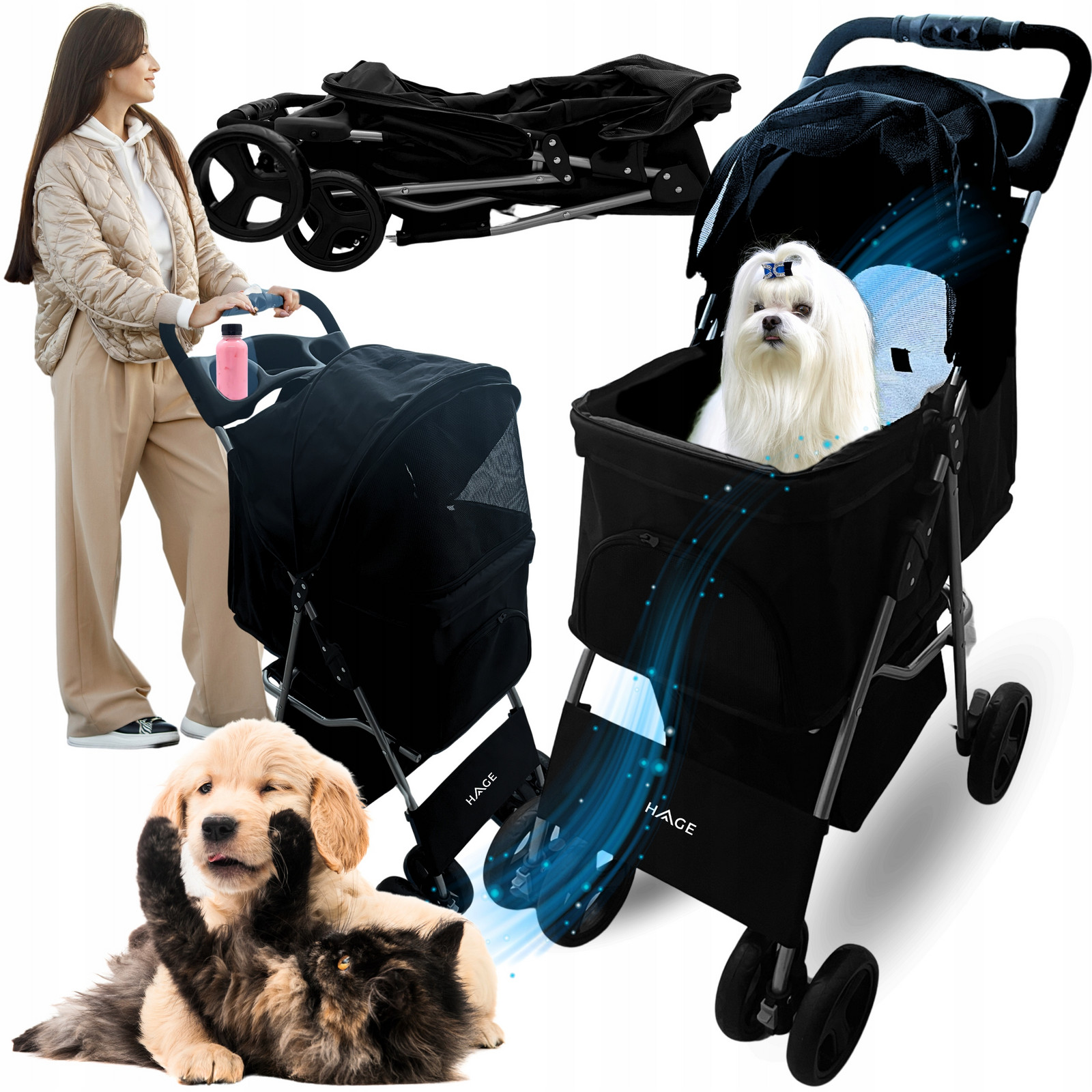 Sportovní Kočárek Pro Psa Kočku S Polštářem Skládací Přepravka 20 Kg Černá