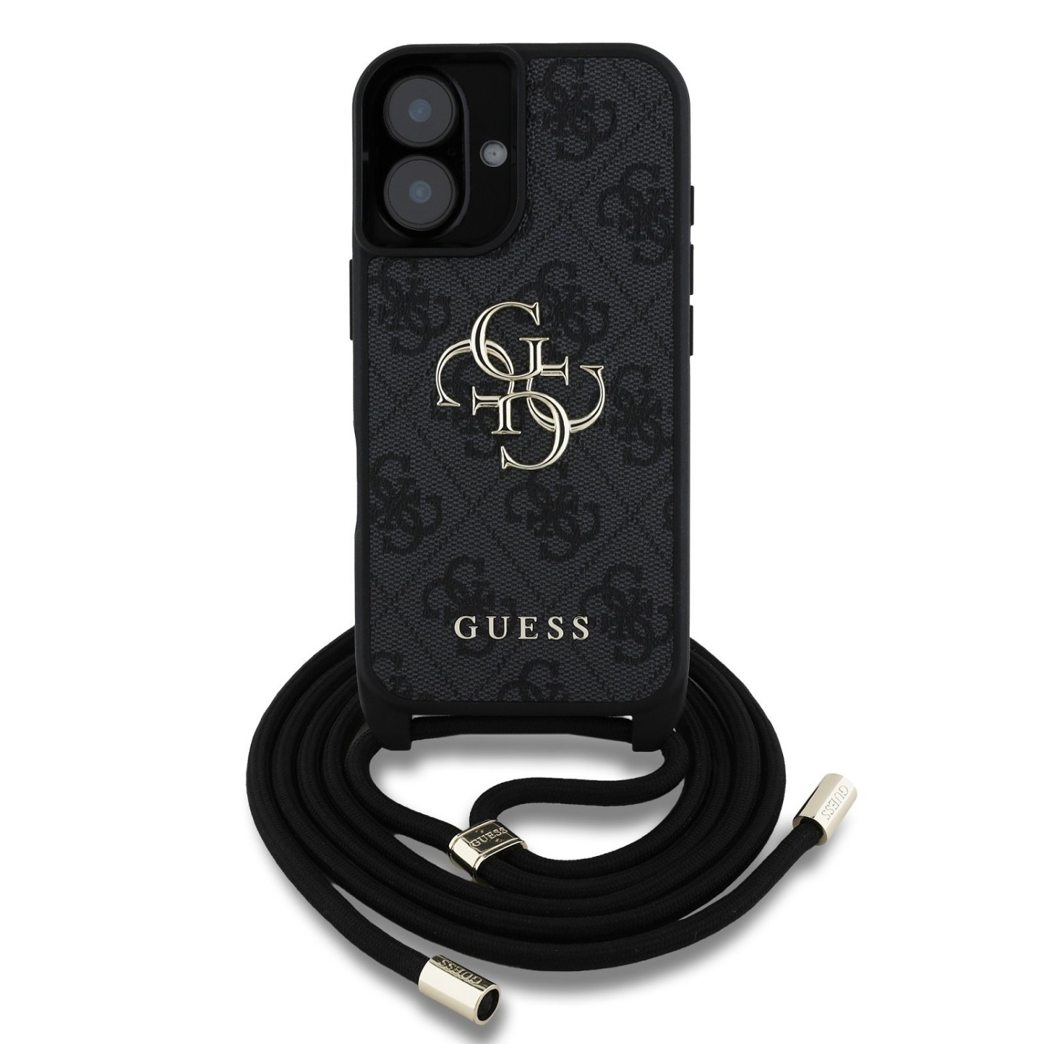 Zadní kryt Guess PU 4G Metal Logo Crossbody Popruh pro Apple iPhone 16, černá