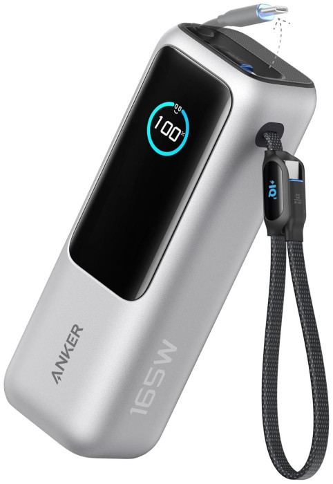 Anker Power Bank (25K, 165W, Built-In USB-C and Retractable Cable) Silver