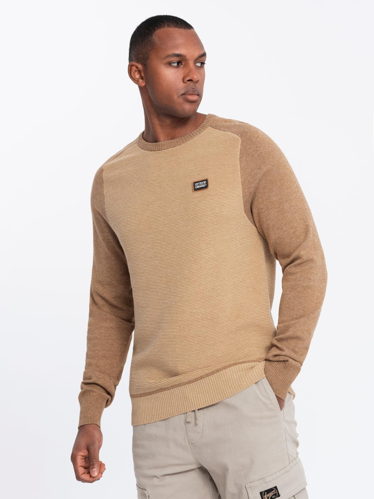 Ombre Men's cotton sweater with patch and raglan sleeves - brown