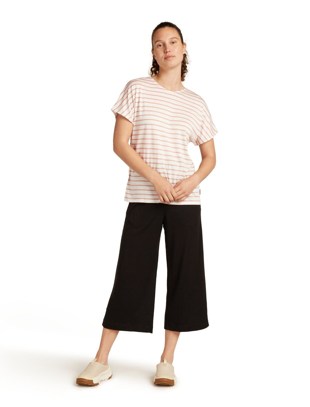 ICEBREAKER W Drayden Reversible SS Top Stripe, Ecru Heather/Desert Sand/S velikost: M