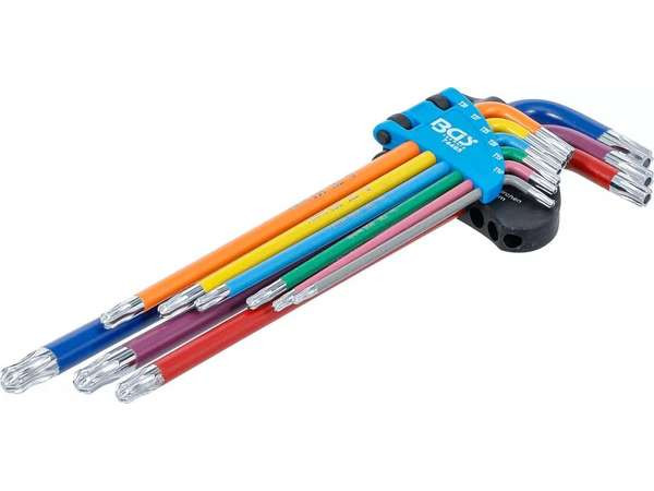 Zástrčné klíče Torx s otvorem T10-T50 barevné, extra dlouhé, s kuličkou, 9 ks - BGS 74465