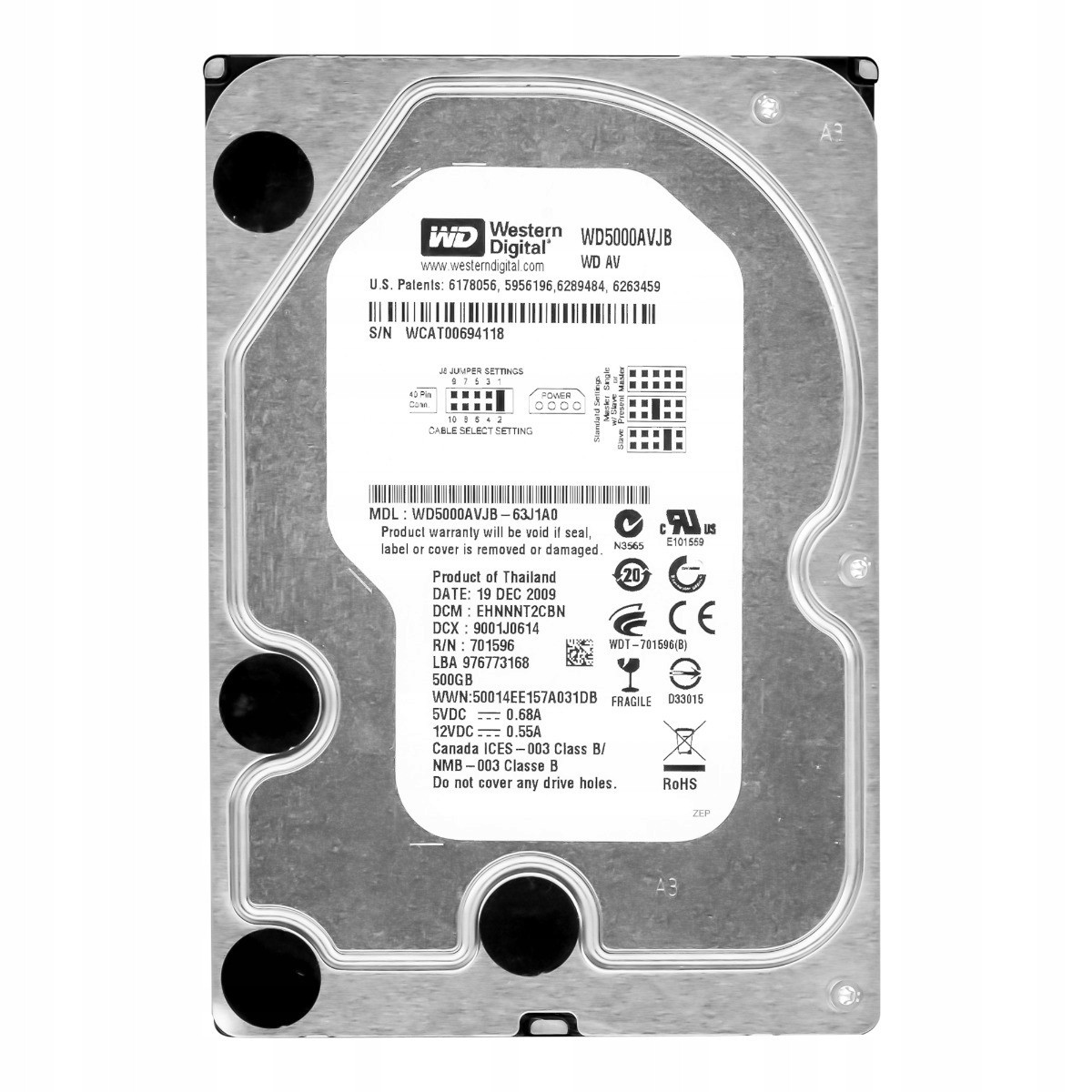 Wd Av 500GB 7,2K 8MB Ata 3,5'' WD5000AVJB
