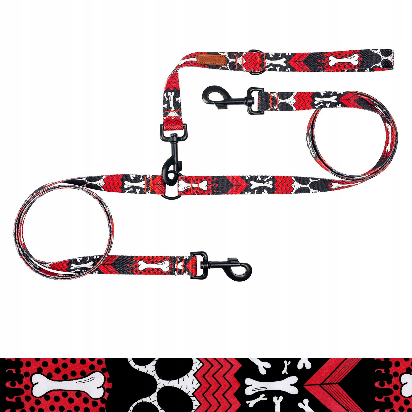 2 Vodítka rukojeť Spojka pro 2 psy 1,78 m Páska 2 cm Ukory Potisk kostí