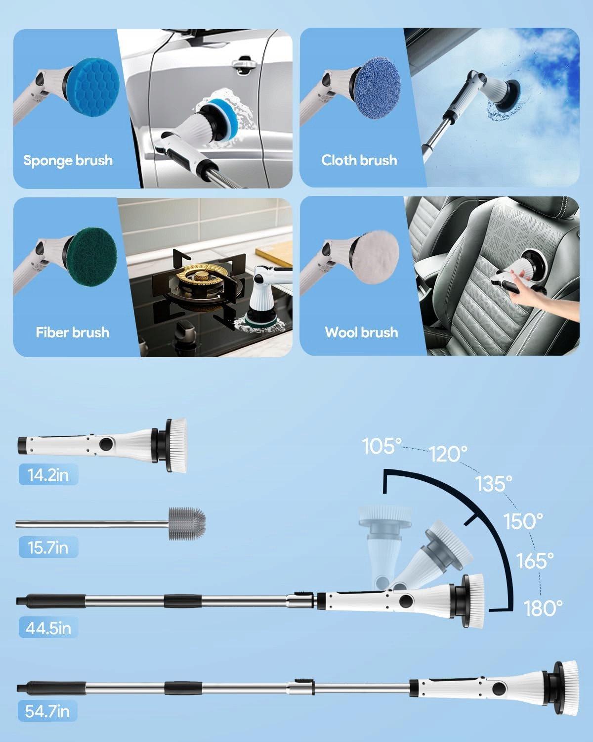 Leebein Elektrický čisticí kartáč 8 hlavic Nastavitelná rukojeť 37-139 CM