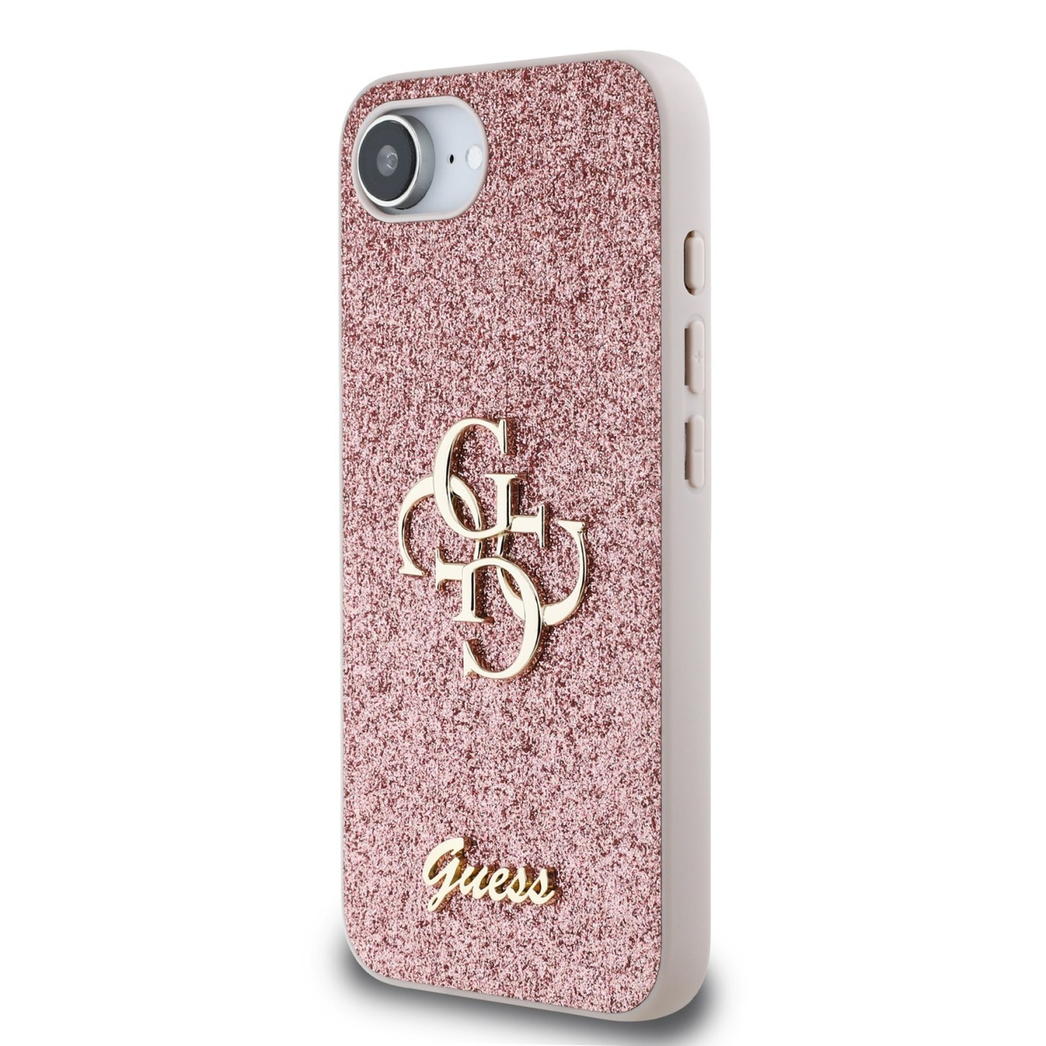 Zadní kryt Guess PU Fixed Glitter 4G Metal Logo pro Apple iPhone SE 4, růžová
