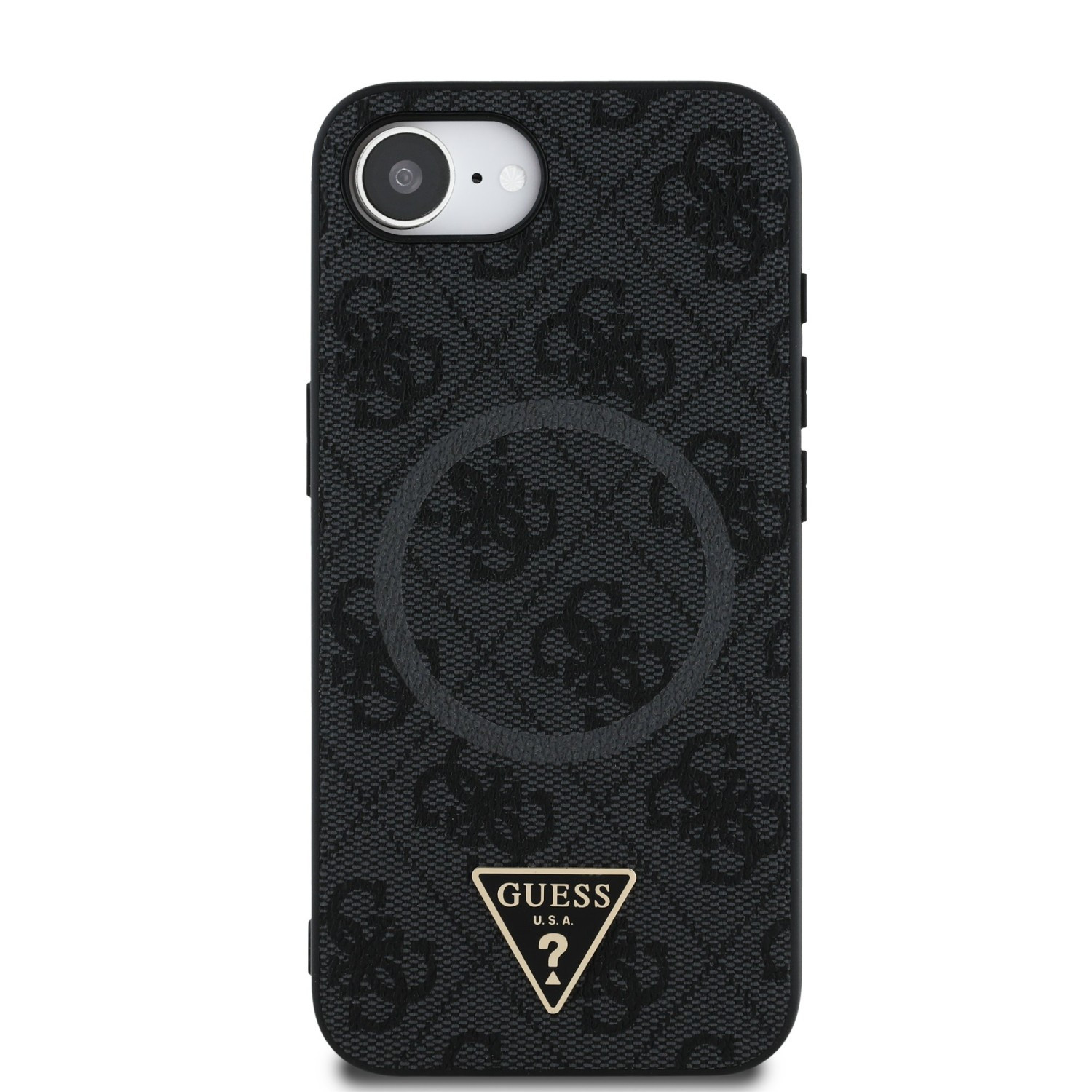 Zadní kryt Guess PU 4G Strass Triangle Metal Logo pro Apple iPhone SE 4, černá