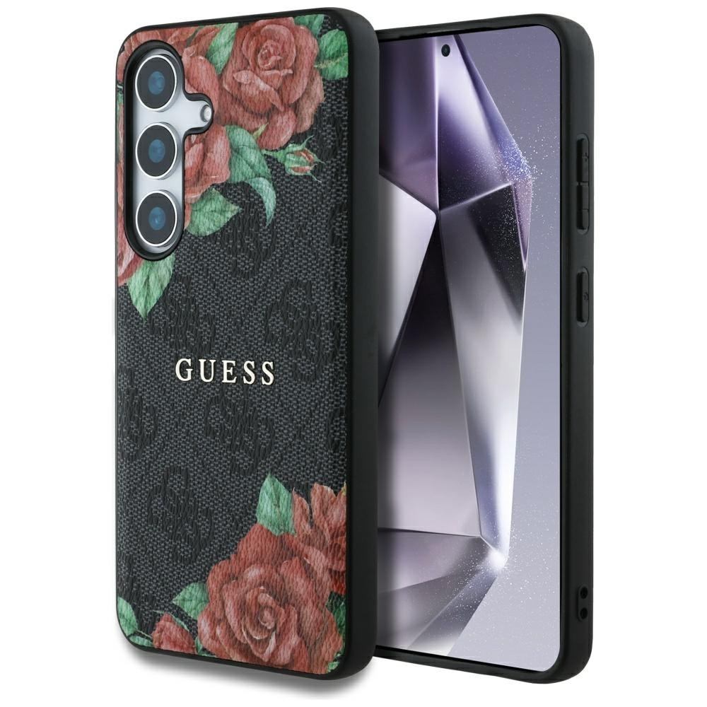 Originální zadní kryt GUESS Leather 4G Flowers Print Metal Classic Logo MagSafe do Samsung Galaxy S25 black