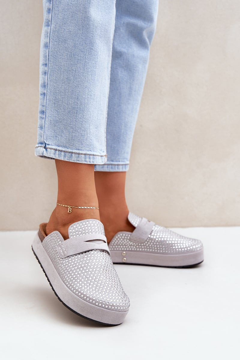 PS1 Dámské Pantofle Zdobené Kryštály Na Platformě Šedé Deorani