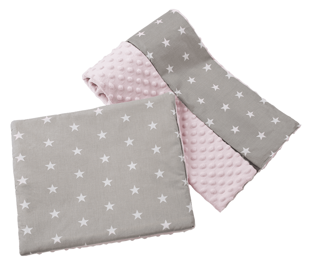 Medi Partners Quilt 75x100 + pillow 35x30 cotton + minky – White stars on gray + light pink minky