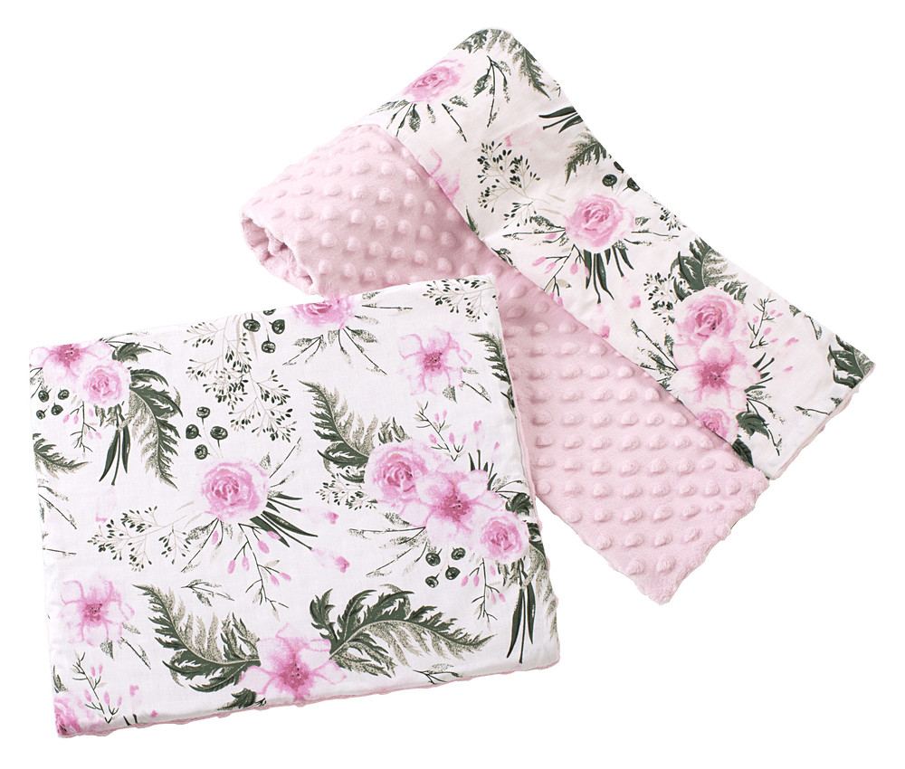 Medi Partners Quilt 75x100 + pillow 35x30 cotton + minky – Flowers + light pink minky