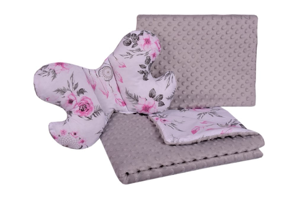 Medi Partners Quilt set with a stroller pillow + butterfly - dream catchers with flowers + gray minky