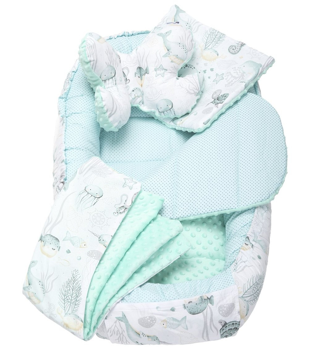 Medi Partners Cocoon in a 5-piece set (cocoon / insert / butterfly pillow / flat pillow / quilt 75x55) – Ocean + minty minky