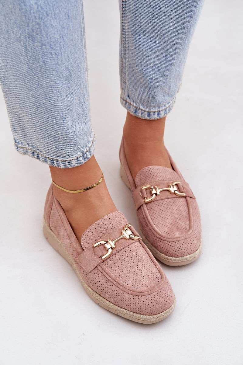 PH2 Dámské mokasíny s perforací a zlatým detailem a jutovým pletením růžové Lainer