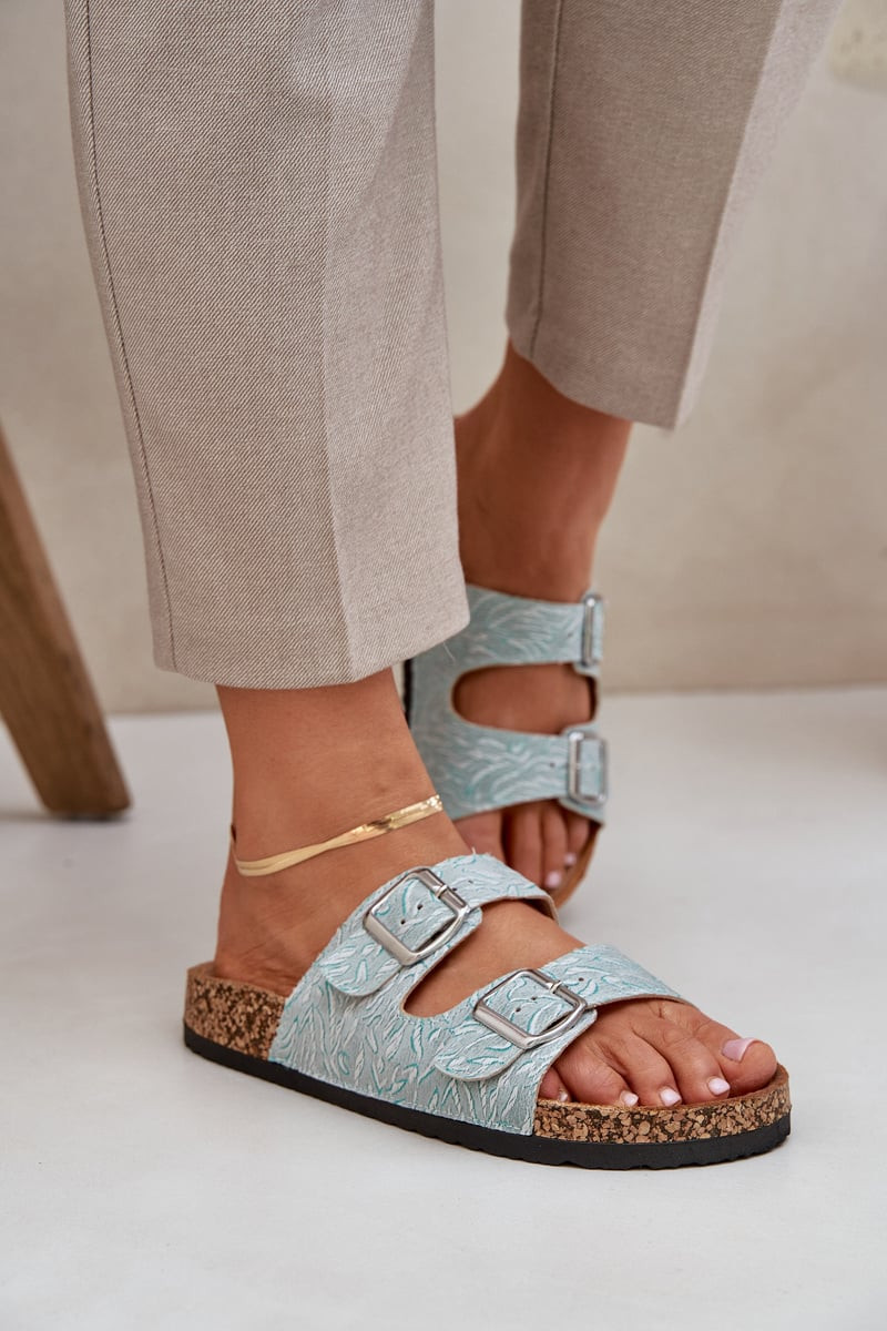 PE1 Textilové pantofle na korkové podrážce s přezkami mátové Atera