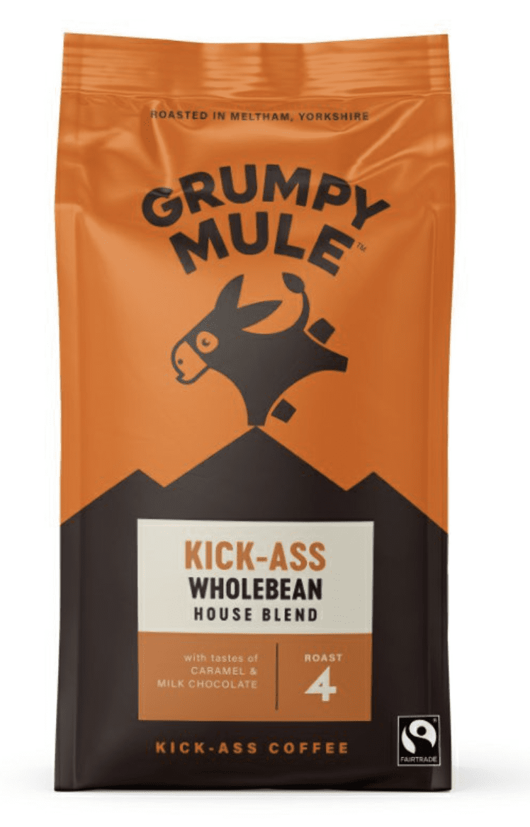 Grumpy Mule Kick-Ass Wholebean Coffee, 100% Arabica, zrnková káva, BIO, 200 g