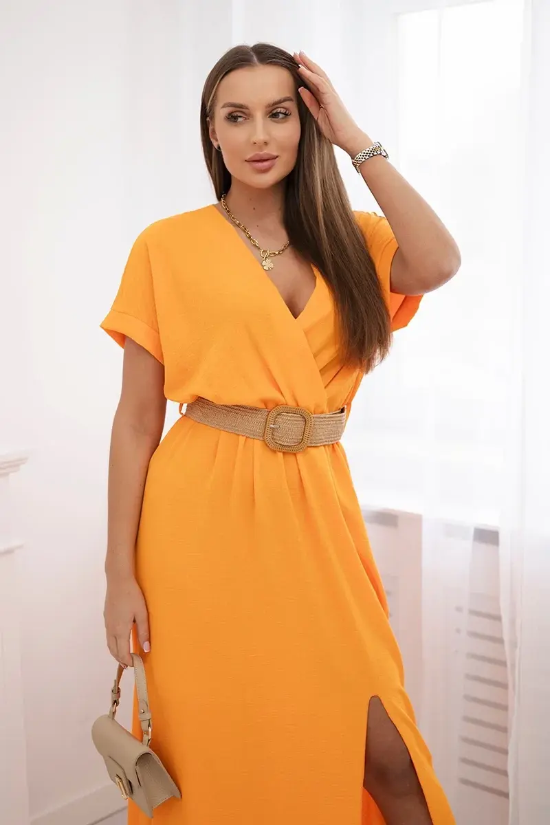 Kesi Włoski Dlouhé šaty s ozdobným páskem pomeranč